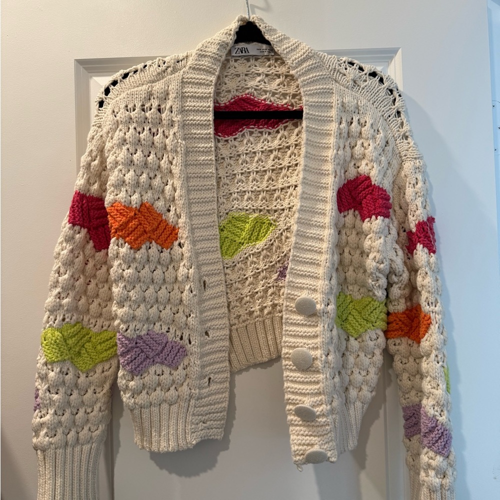 Zara Women's Cream Knit Cardigan with Colorful Accents